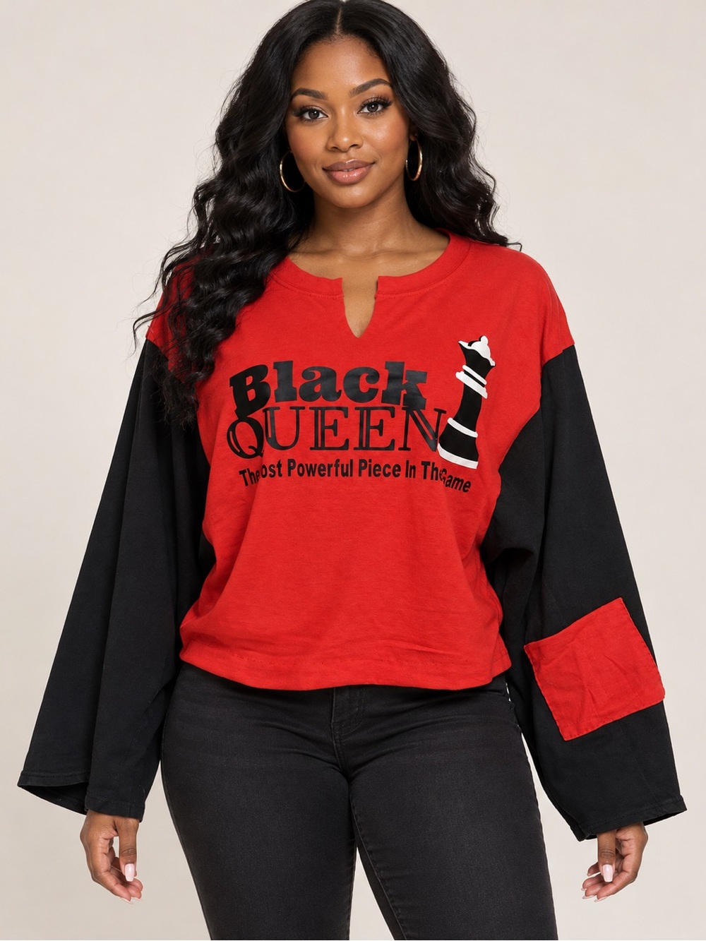 Upcycled Black Queen Red & Black Pullover  big denim sleeve graphic tee sz L/XL